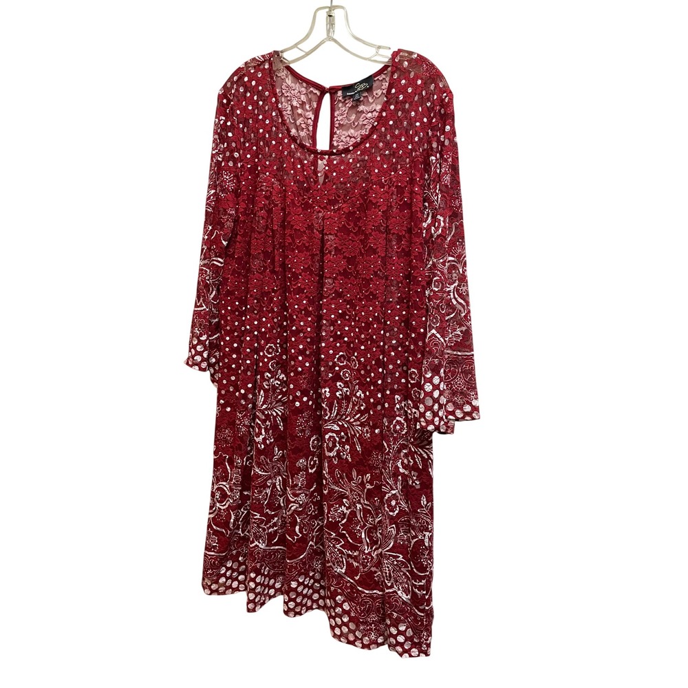 Suzanne Betro Red Lace Floral Polka Dot Mesh Overlay Dress 2X Plus Size Holiday